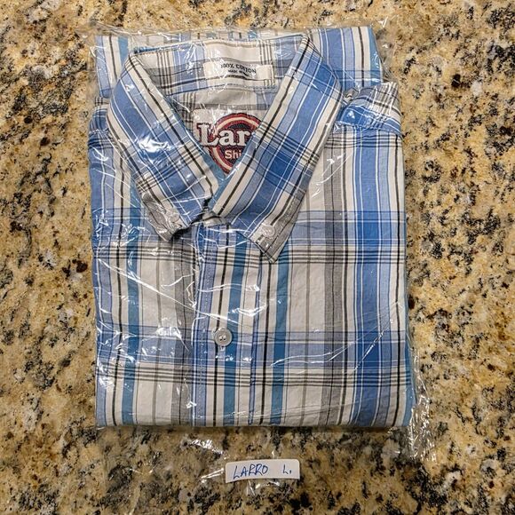Larro Shirts‎ Western Plaid Shirt - L Blue & Orange Short Sleeve Button Up - Picture 6 of 6